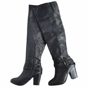Charlotte Russe Black Over the Knee Boots Block Heel Buckle Faux Leather 9